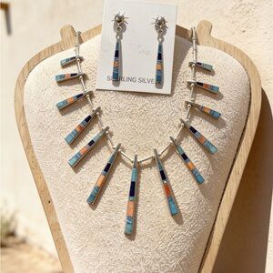 Sterling Silver Multi-Stone Inlay Necklace & Earrings Set